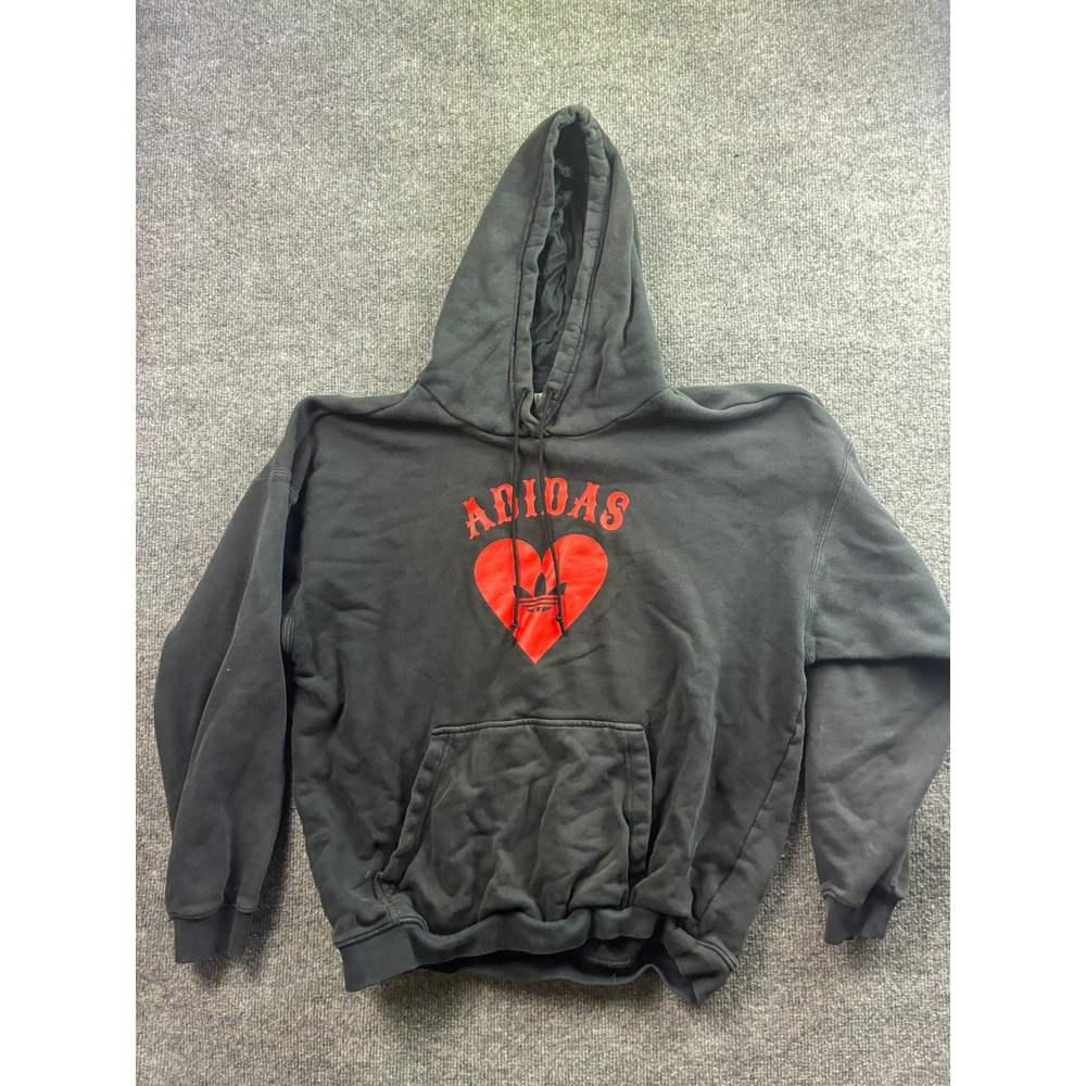 Adidas Hoodie Mens XL Black Red Heart Trefoil Graphic Pullover Sweatshirt